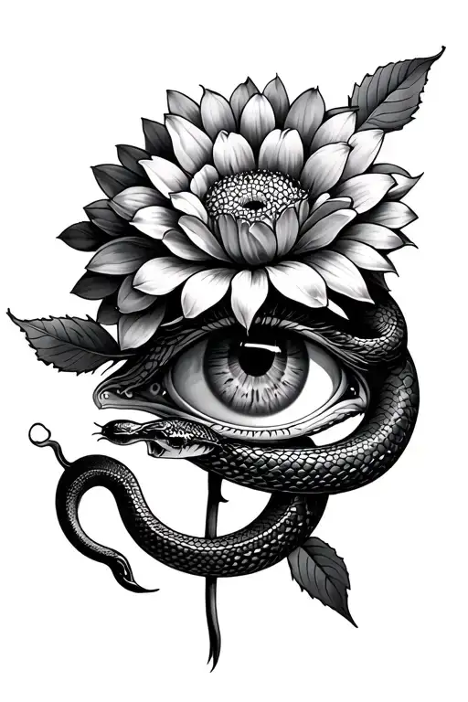 Masculine Tattoo Of A Chrysanthemum And Snake And Eye Integrated From Elbow To Wrist