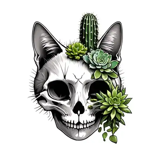 Cactus And Succulent In Cat Skull