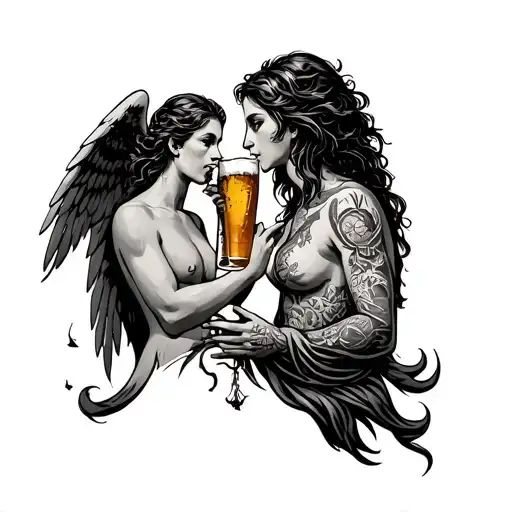 Sagittarius Drinking A Beer With A Pisces Angel Watching