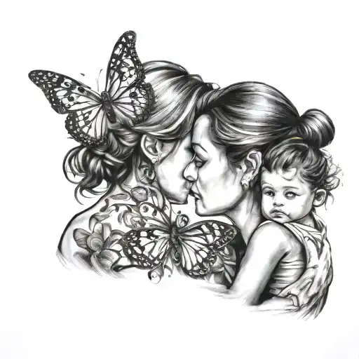 Mom With Her Daughter And Butterfly