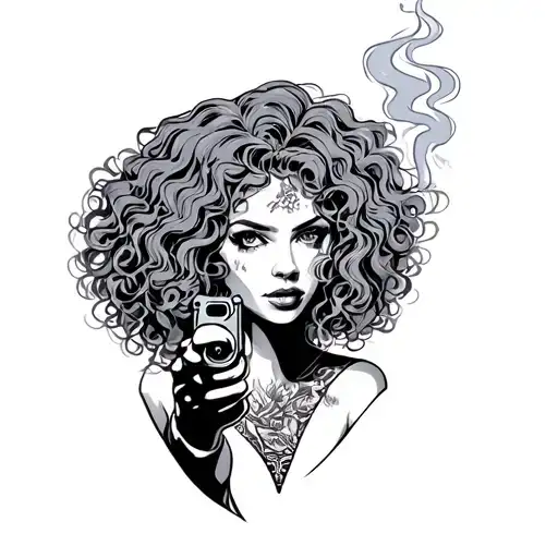 Woman Curly Hair Smoking Gun Surrounded