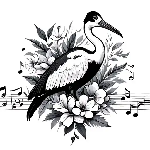 Music Notes Intertwined With An Ibis Bird And Native Australian Flowers