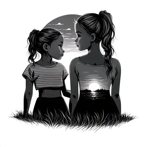 Mom And Daughter With 2 Ponytail Watching Sunset Scene