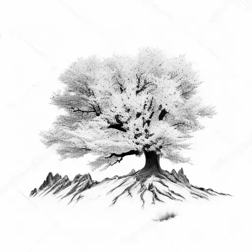 Mountain Range Backgrpund With Oak Tree Foreground