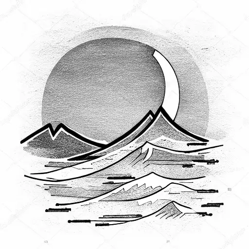 A Mountain With A Sunset On The Left And Wave With A Moon