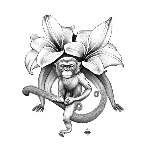 Grey Scale Masculine Lily Flower With Monkey