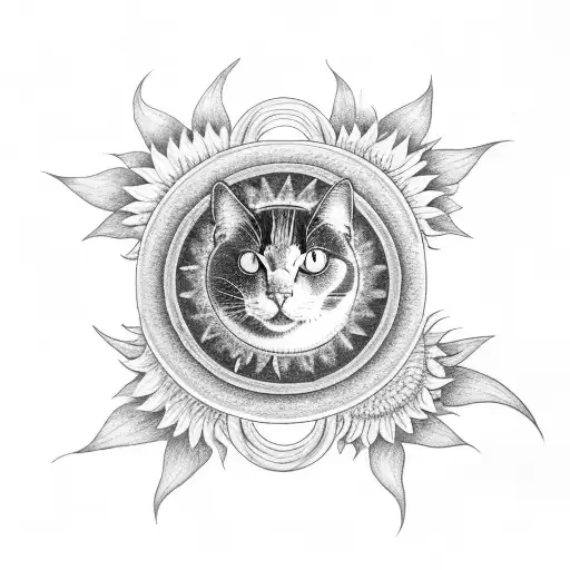 Crescent Moon With A Sunflower And A Pentagram And A Black Cat