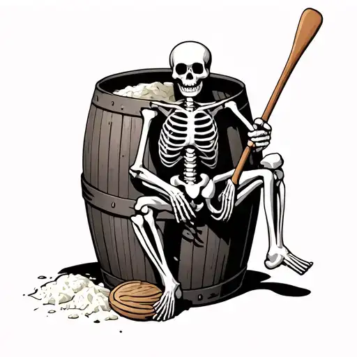 Skeleton Sitting On Beer Barrel With A Mash Paddle