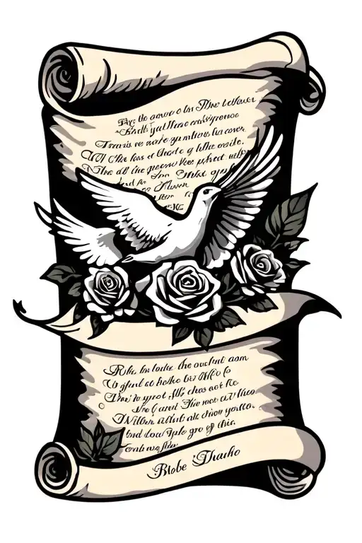A Scroll With Bible Verse Written With Roses And A Single Dove Arounbnd It