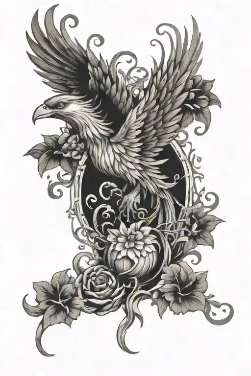 A Phoenix Rising From A Bed Of Mushrooms Surrounded By Swirling Vines And Peaches