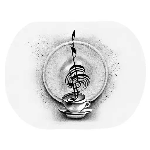 A Black-grey Tattoo Of A Coffee Cup With Musical Notes Rising From It