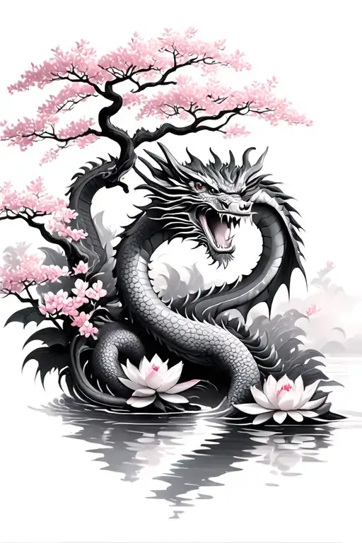 Dragons With Cherry Blossom Trees And A River And Lotus Flowers