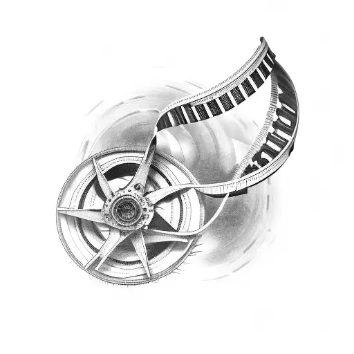 A Black And Grey Tattoo Of A Film Reel Intertwined With Piano Keys