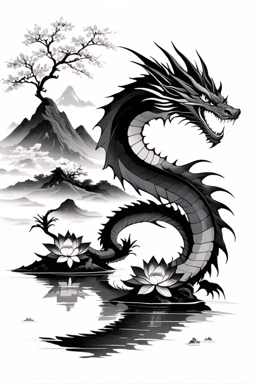 Dragons With Cherry Blossom Trees And A River And Mountain And Lotus Flowers