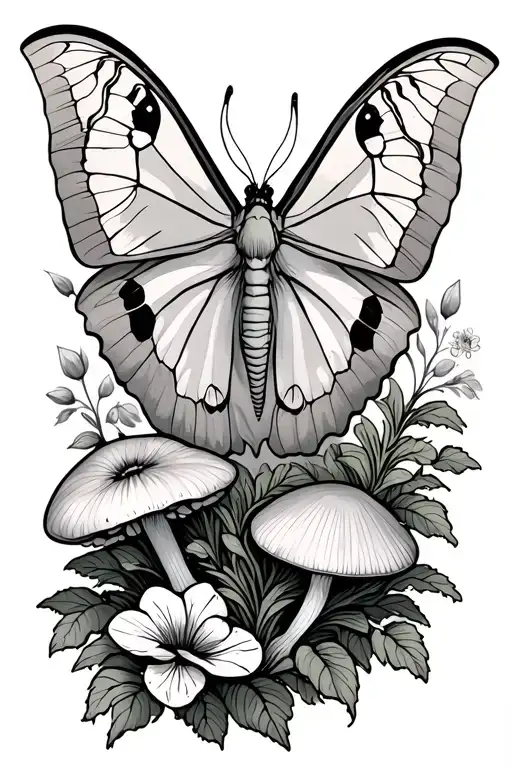 Luna Moth With Mushrooms And Flowers