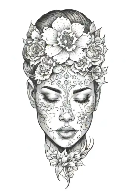 Beautiful Woman's Face With Her Eyes Closed And Blossoms All Around Her