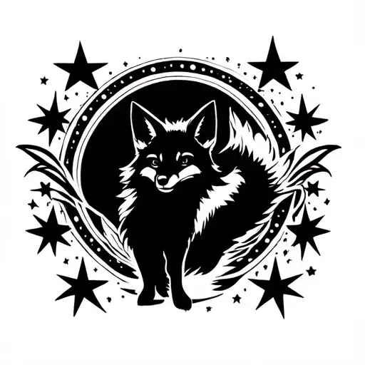 Black And White Outline Of A Fox In A Circle Of Stars