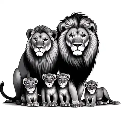 Feminine Lion And Lioness With 4 Cubs Symbolising Love And Family