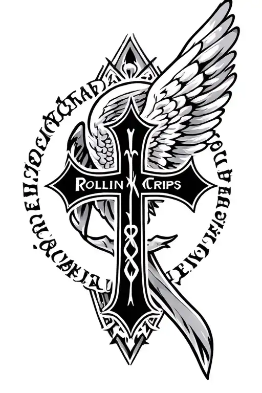 Wing Cross Tattoo With The Name Rollin Crips