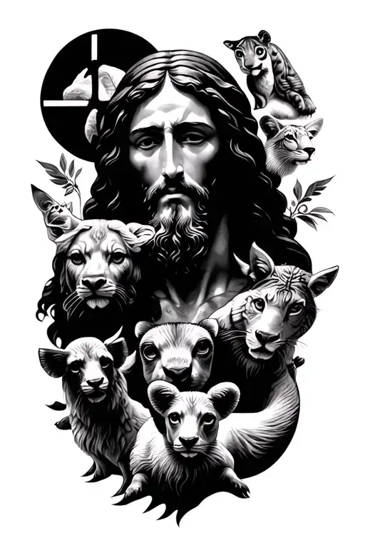 A Stylized Portrait Of Jesus Surrounded By Various Animals Symbolizing Peace And Harmony