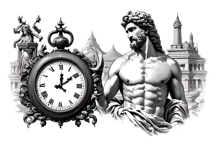 The Greek God Of Time On My Chest With A Clock On 5Pm And A Temple In The Background