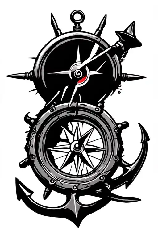 Nautical Compass With A Broken Ship Wheel And An Anchor At The Bottom