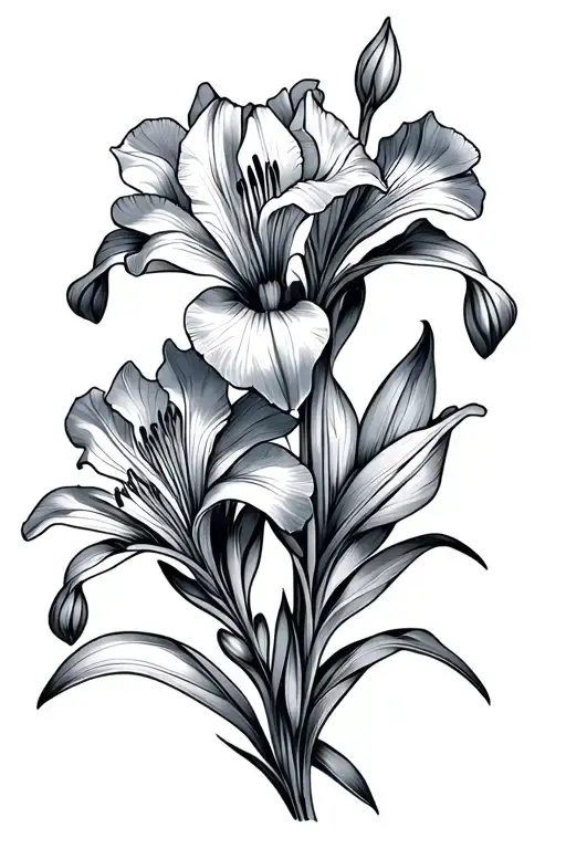 Iris And Lily Flower Bouquet Fine Line