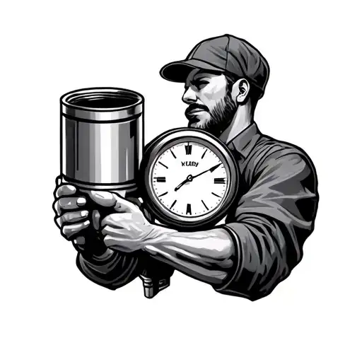 Clock And Auto Mechanic Holding A Cylinder Piston