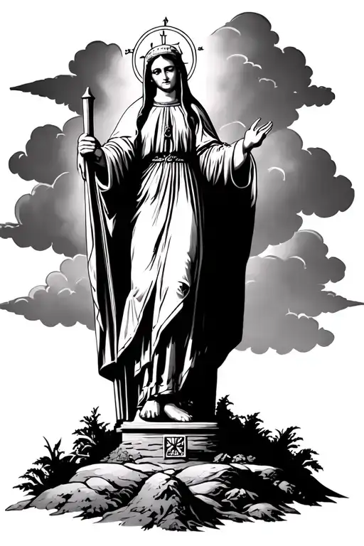 Our Lady Of Aparecida Surrounded By Clouds Next To A Cowboy At Her Shrine