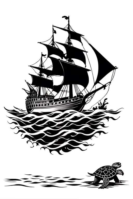 Pirate Ship Sailing Through A Sea With A Turtle Underneath