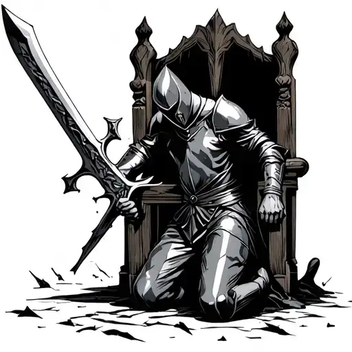 Fallen Knight Kneeling To Empty Throne Holding A Broken Sword
