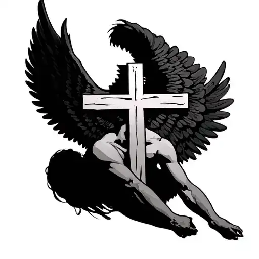 Upside Down Cross With Black Angel Wings