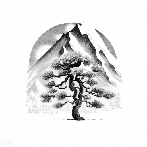 Mountain Range And Pine Tree Back Ground With Oak Tree Foreground