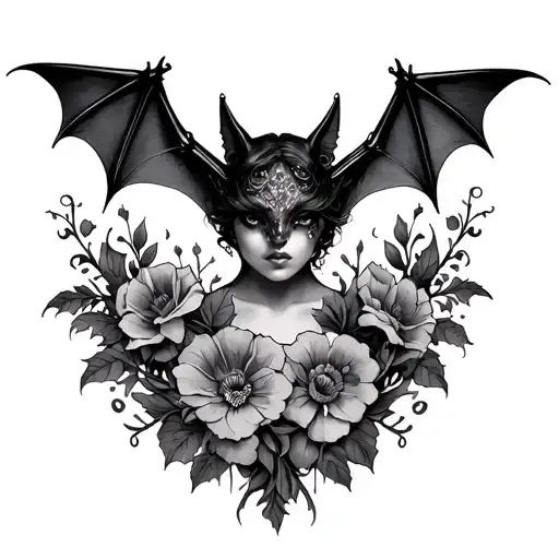 Feminine And Spiritual Bat With Floral Design