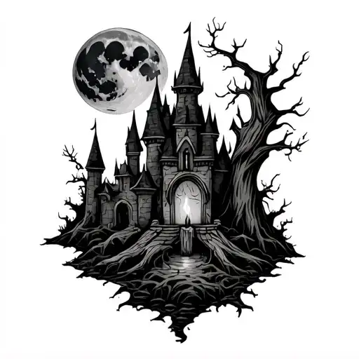 Vampire Werewolf Graveyard Candle Burning Castle Moon Dead Tree