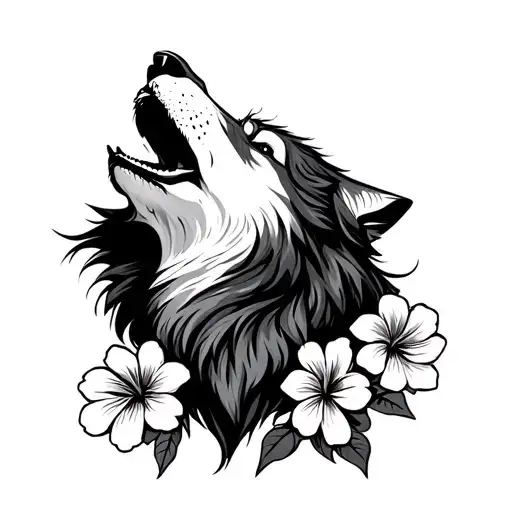 Wolf Howling With 2 Flowers