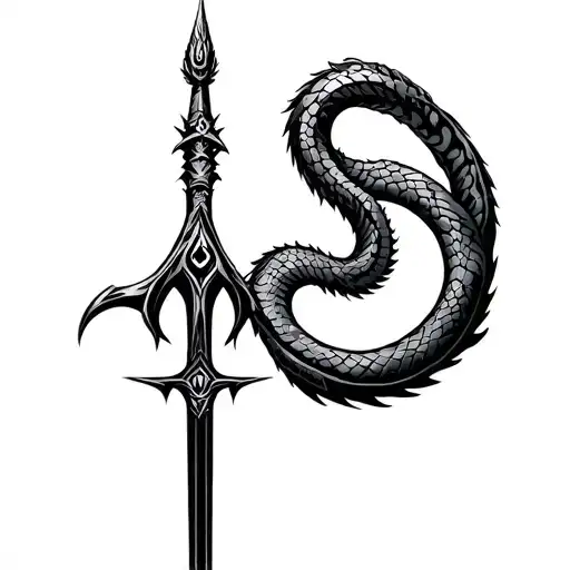 Black And Grey Cyber Sigillism Trident With A Snake Dragon Face Coiling It Turning Into A Rukdraksh