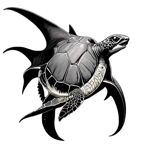 Sea Turtle Inside Of A Manta Ray And The Shark As A Tail