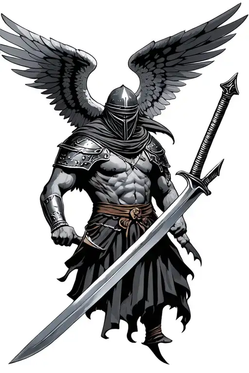 Gladiator With A Covered Face And A Sword And Wings