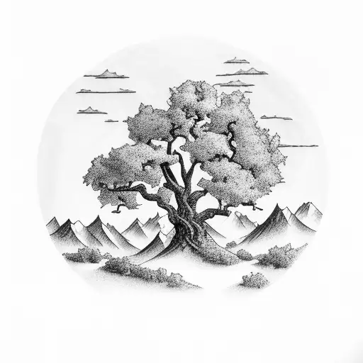 Mountain Range With An Oak Tree
