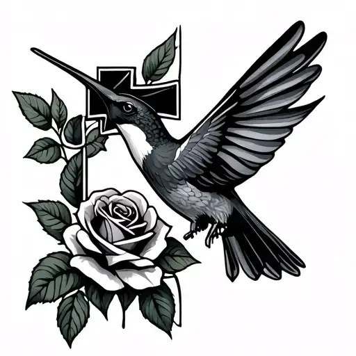 Humming Bird And Cross With Roses
