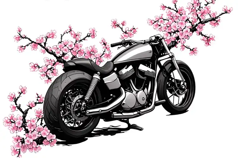 Motorcycle V Twin Engine Surrounded Cherry Blossoms