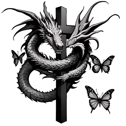Dragon Wrapped Around A Cross Surrounded With Butterflies