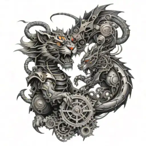 A Mechanical Tiger And Dragon Battling In A Steampunk-inspired Setting