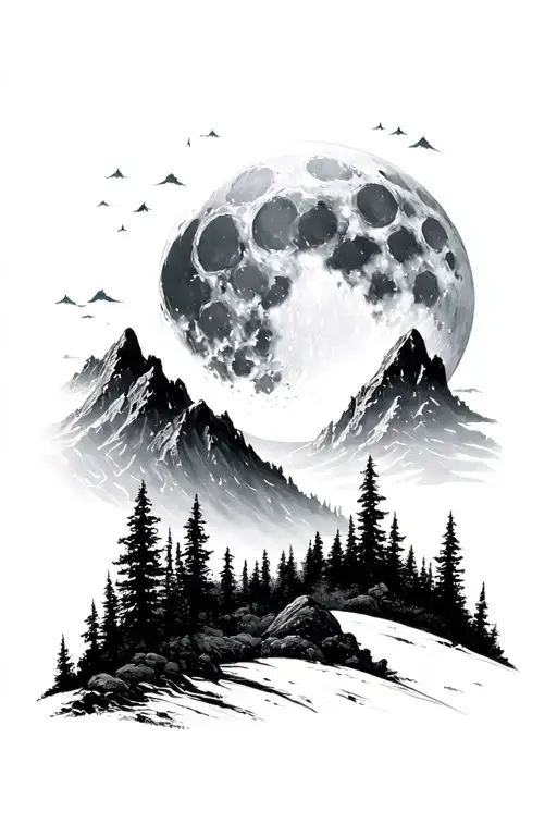 Moon In The Forest And Mountain Landscape