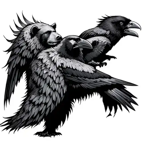 Odin Pictured As A Bear With His Two Ravens Huginn And Muninn