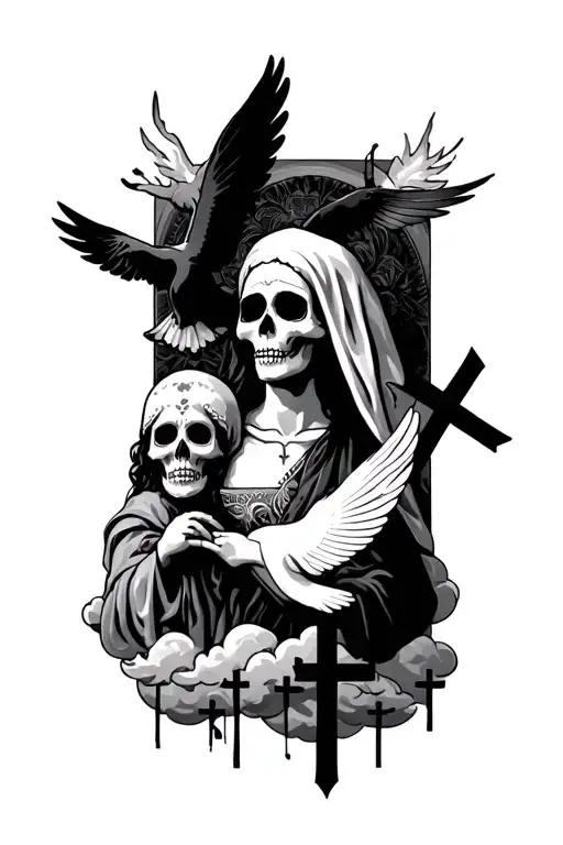 Santa Muerte And God With A Dove Clouds And 3 Crosses