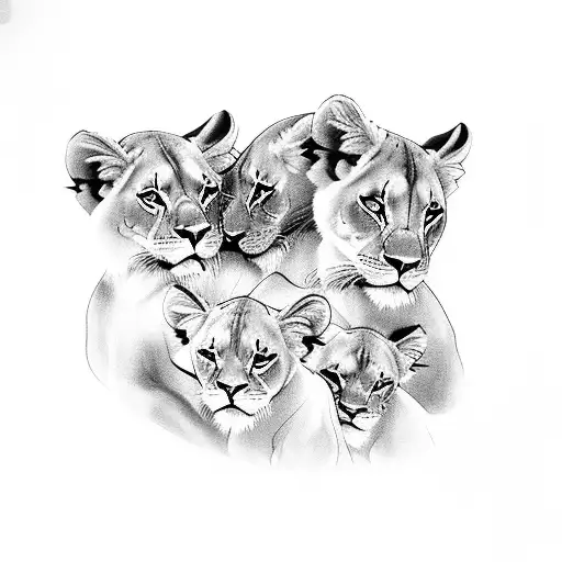 A Black And Grey Tattoo Of A Lioness Cuddling With Her Four Adorable Cubs