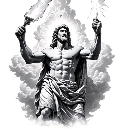 A Greek Mythology Zeus Holding A Lighting Bolt In The Air In Clouds Realistic