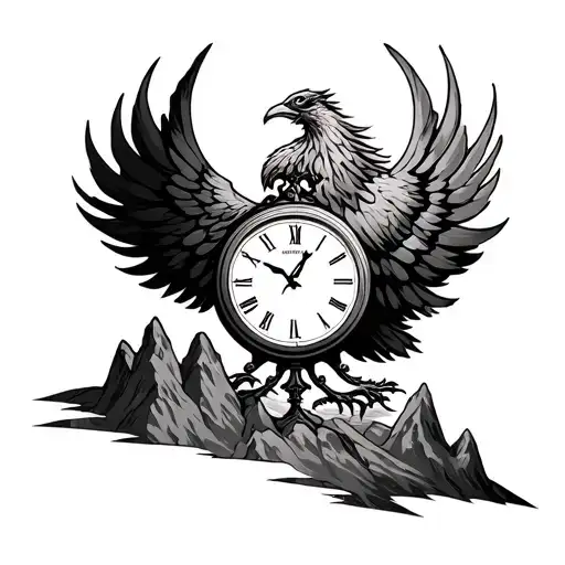 Clock With Mountains Rising Phoenix From Fire